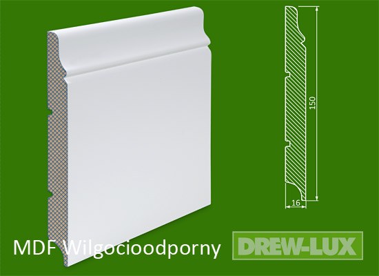 Listwa przypodłogowa MDF biała lakierowana - 150 x 16 PLUS - wilgocioodporna
